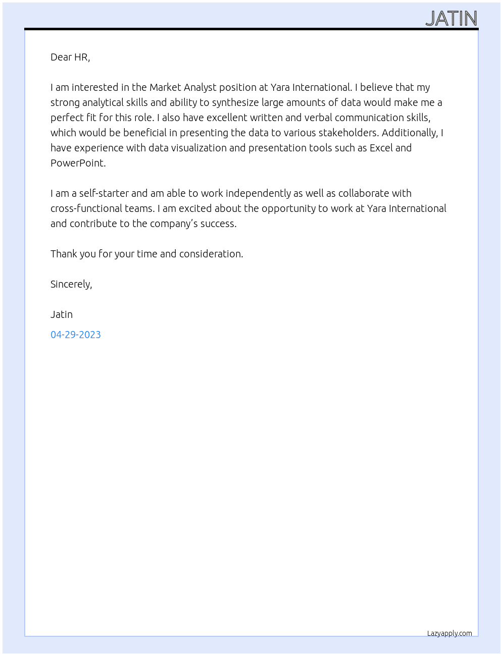 Market Analyst At Yara International Cover Letter