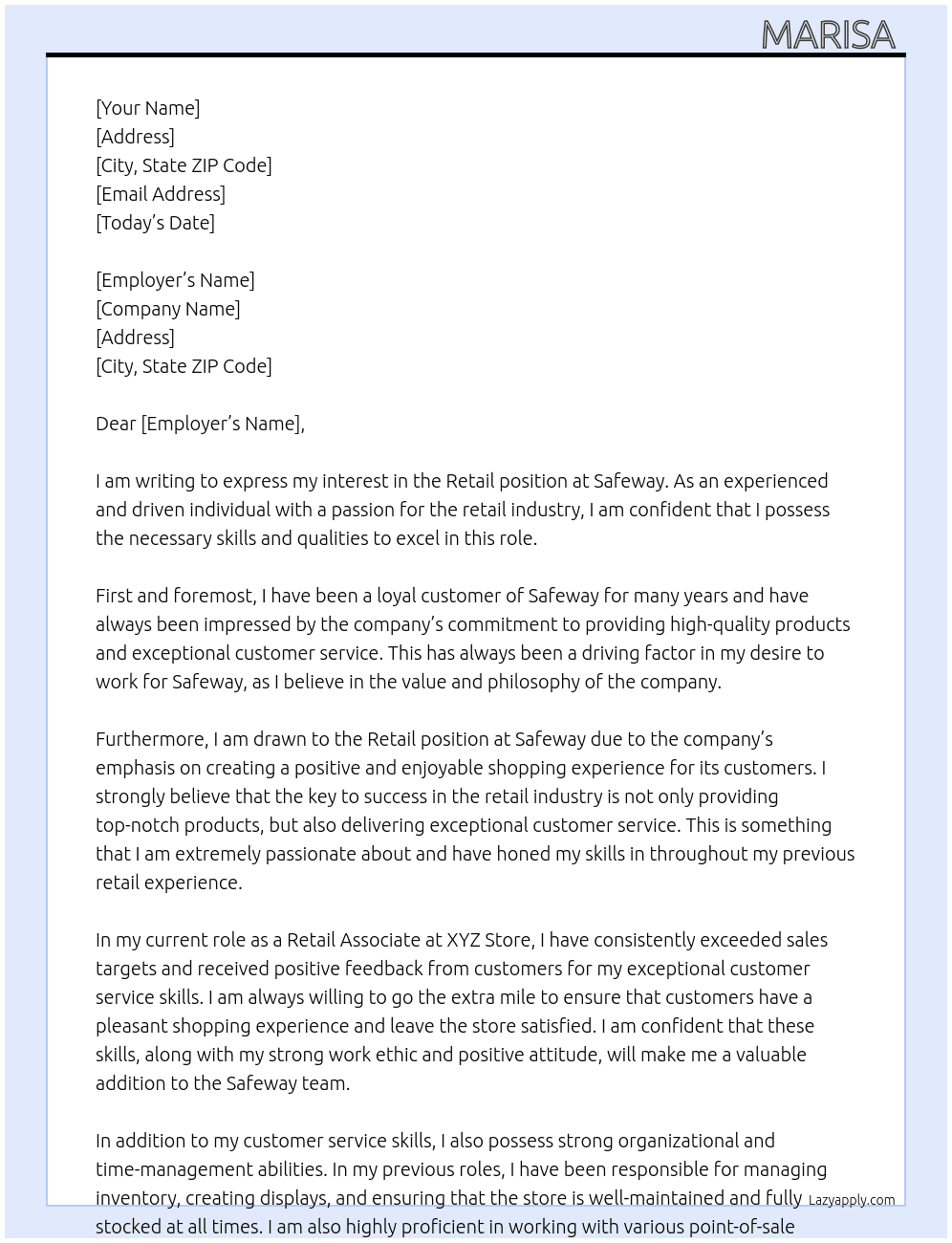 retail At safeway Cover Letter