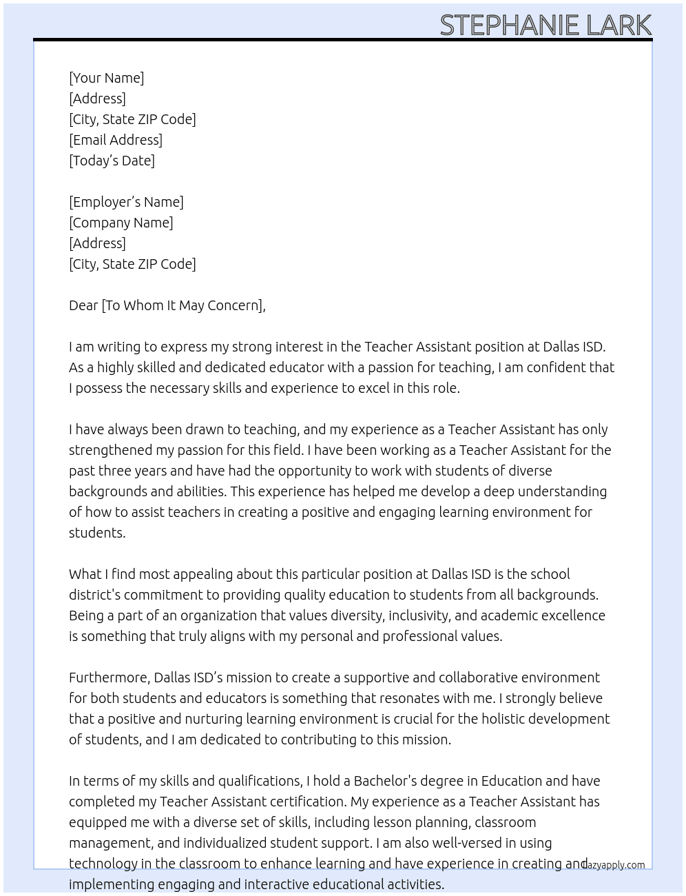 Teacher Assistant At Dallas Isd Cover Letter
