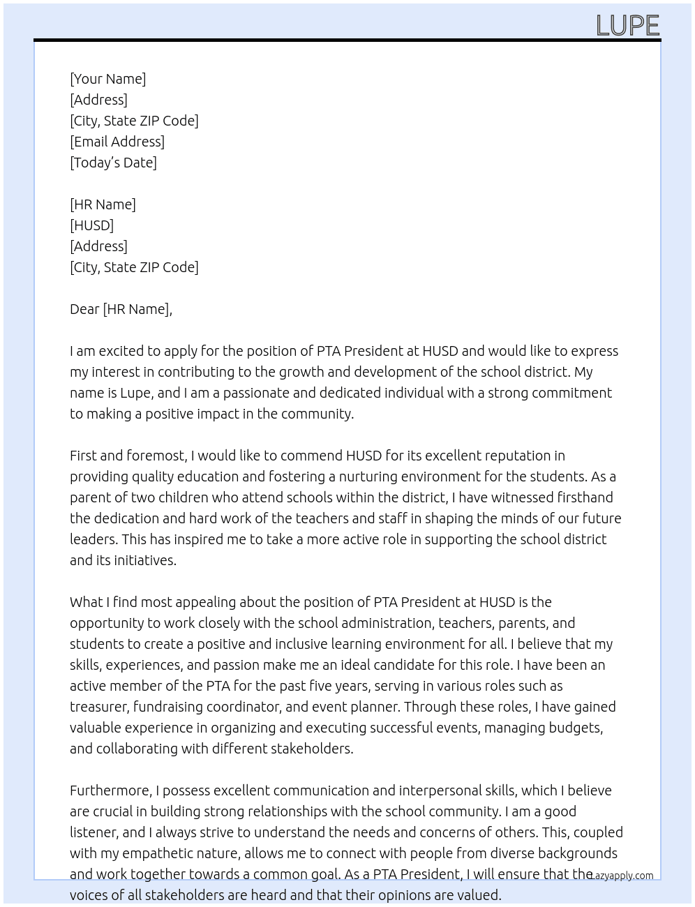 PTA President At HUSD Cover Letter
