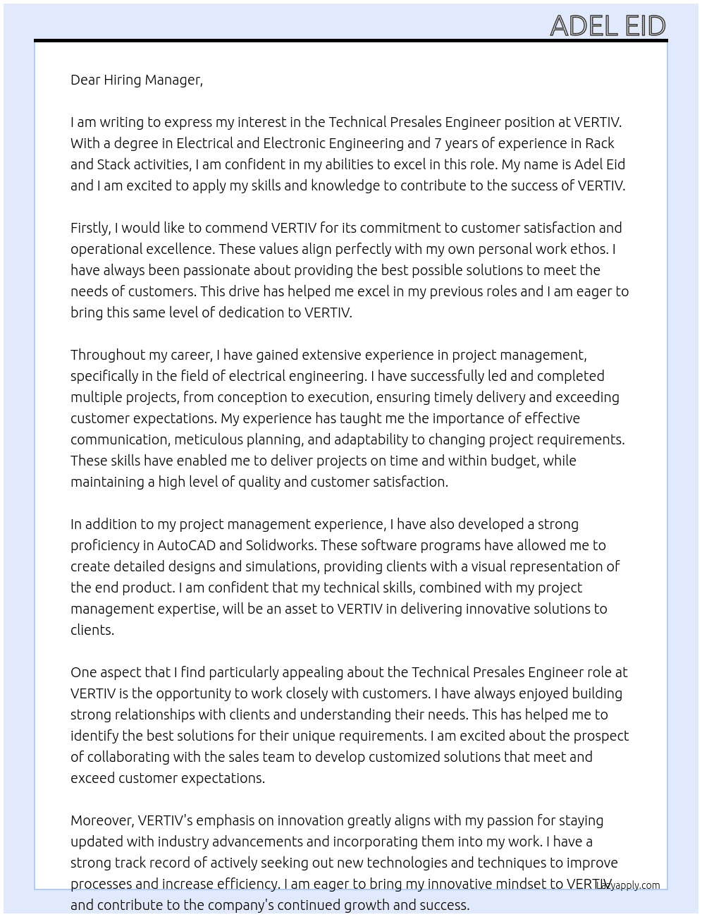 Technical Presales Engineer At VERTIV Cover Letter