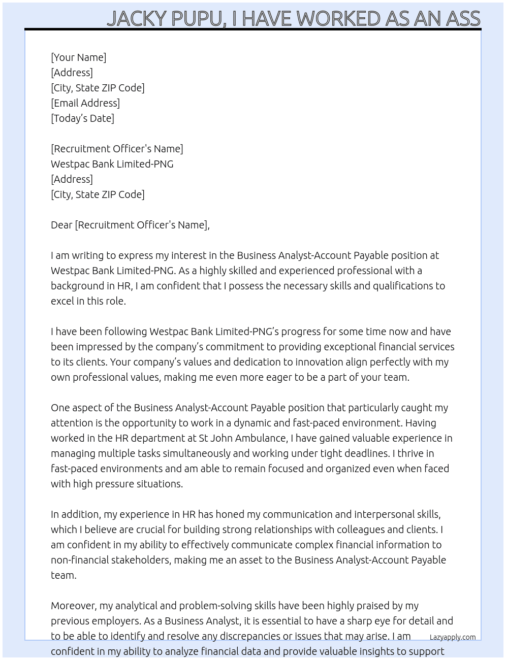 Business Analyst-Account Payable  At Westpac Bank Limited-PNG Cover Letter