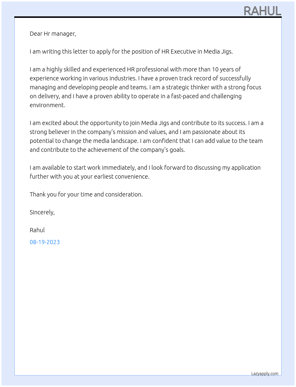 HR Executive  At Media Jigs Cover Letter