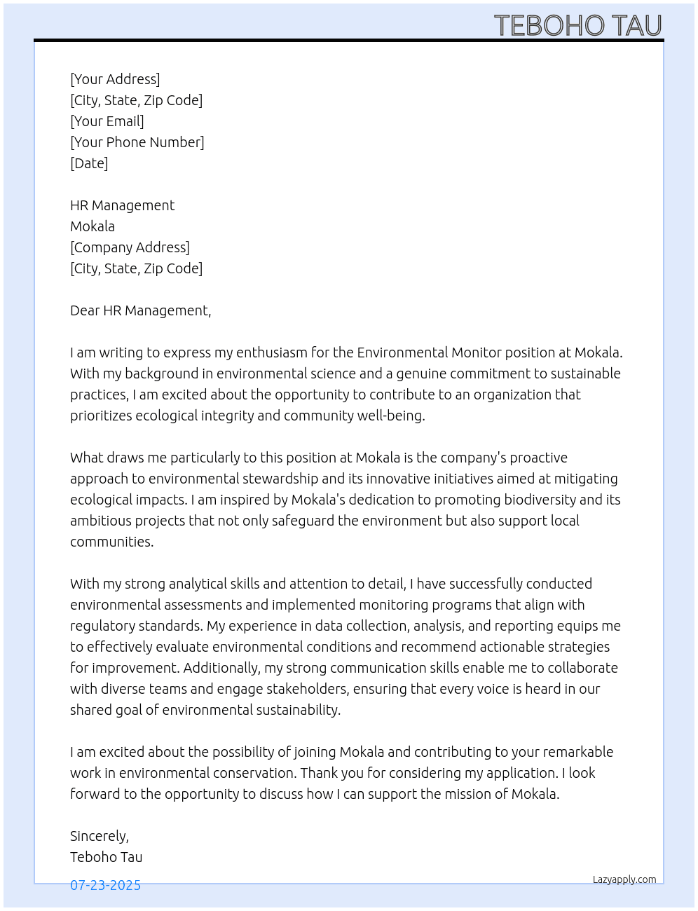 Environmental Monitor  At Mokala  Cover Letter