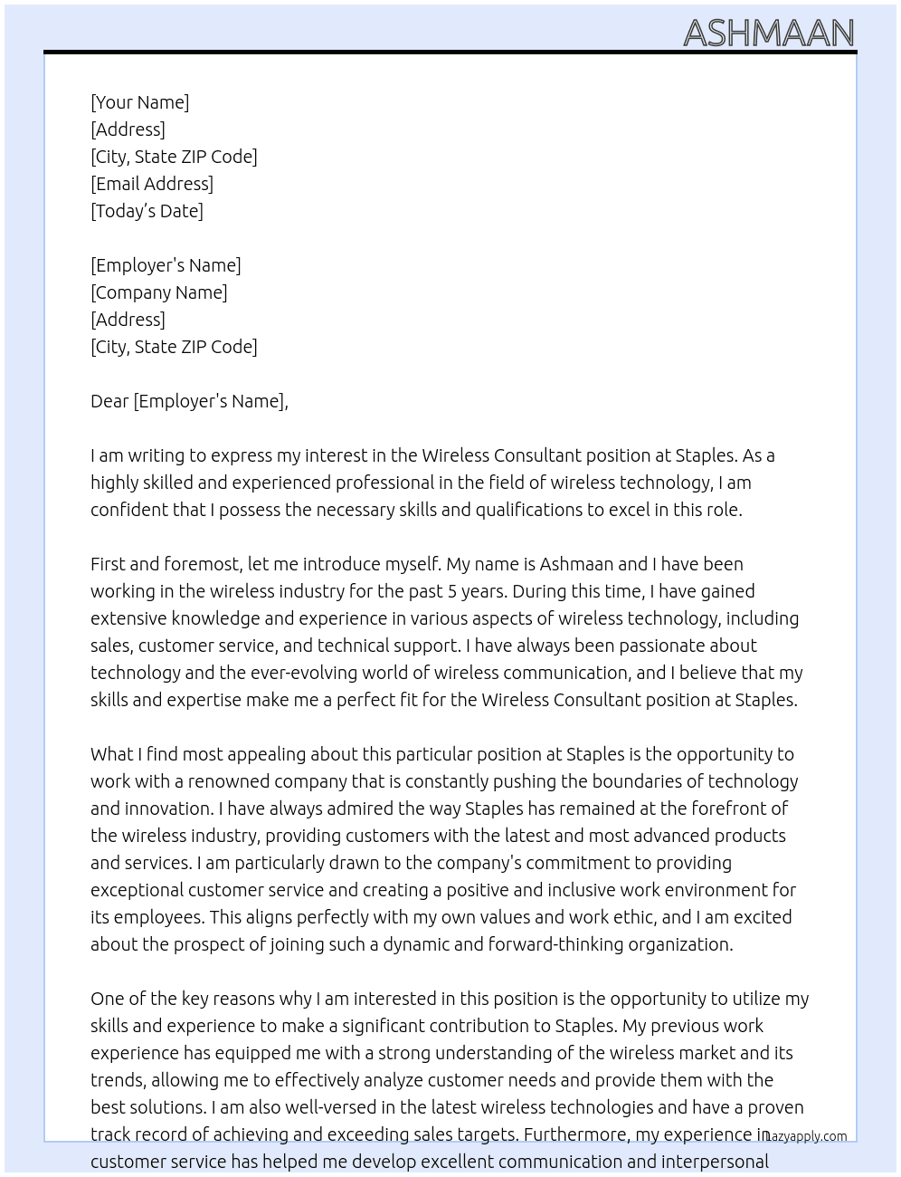 wireless consultant At Staples Cover Letter