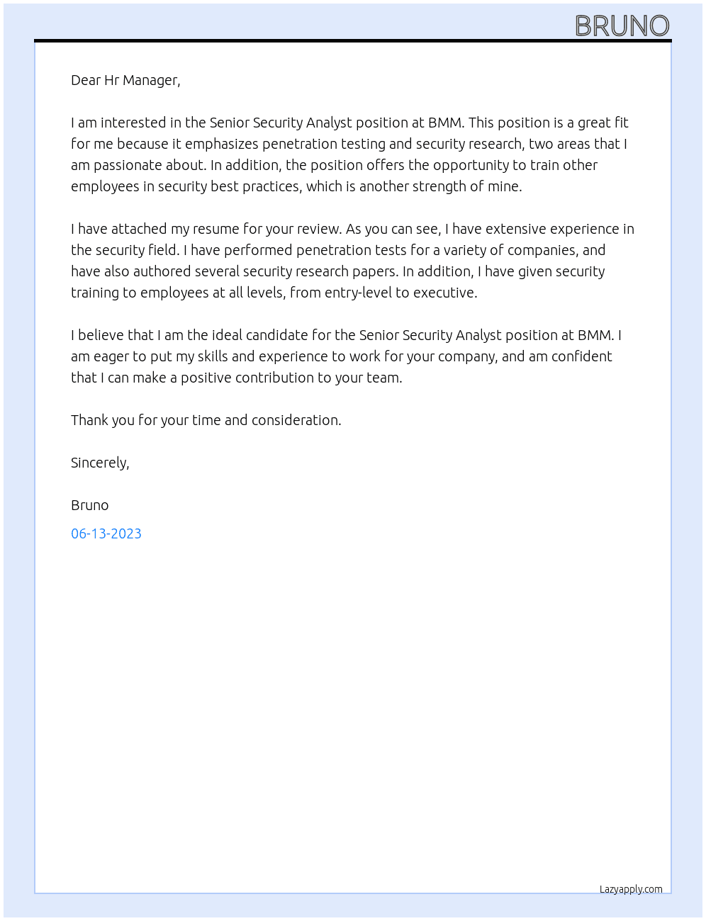 Senior Security Analyst At BMM Cover Letter