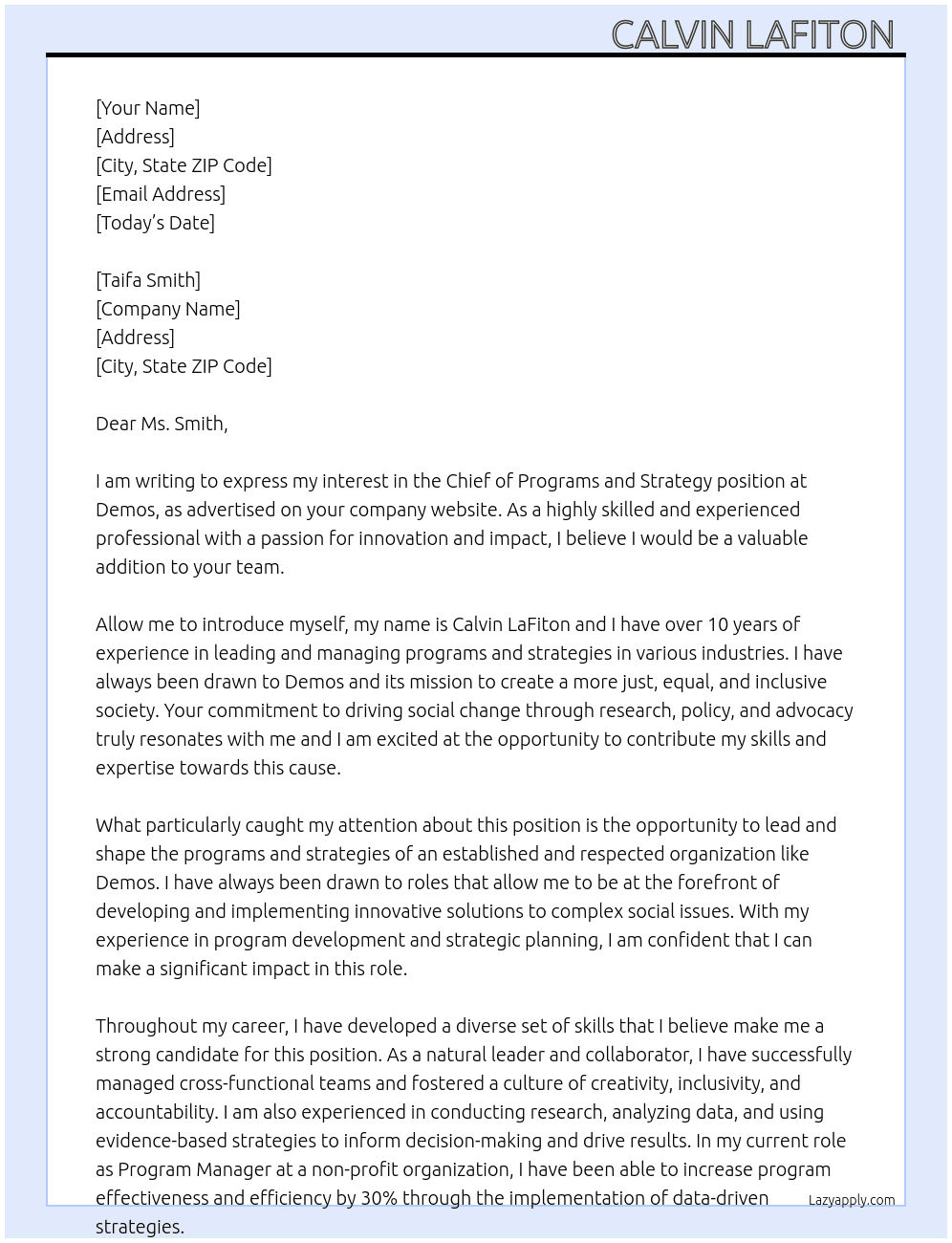 Chief of Programs and Strategy At Demos Cover Letter