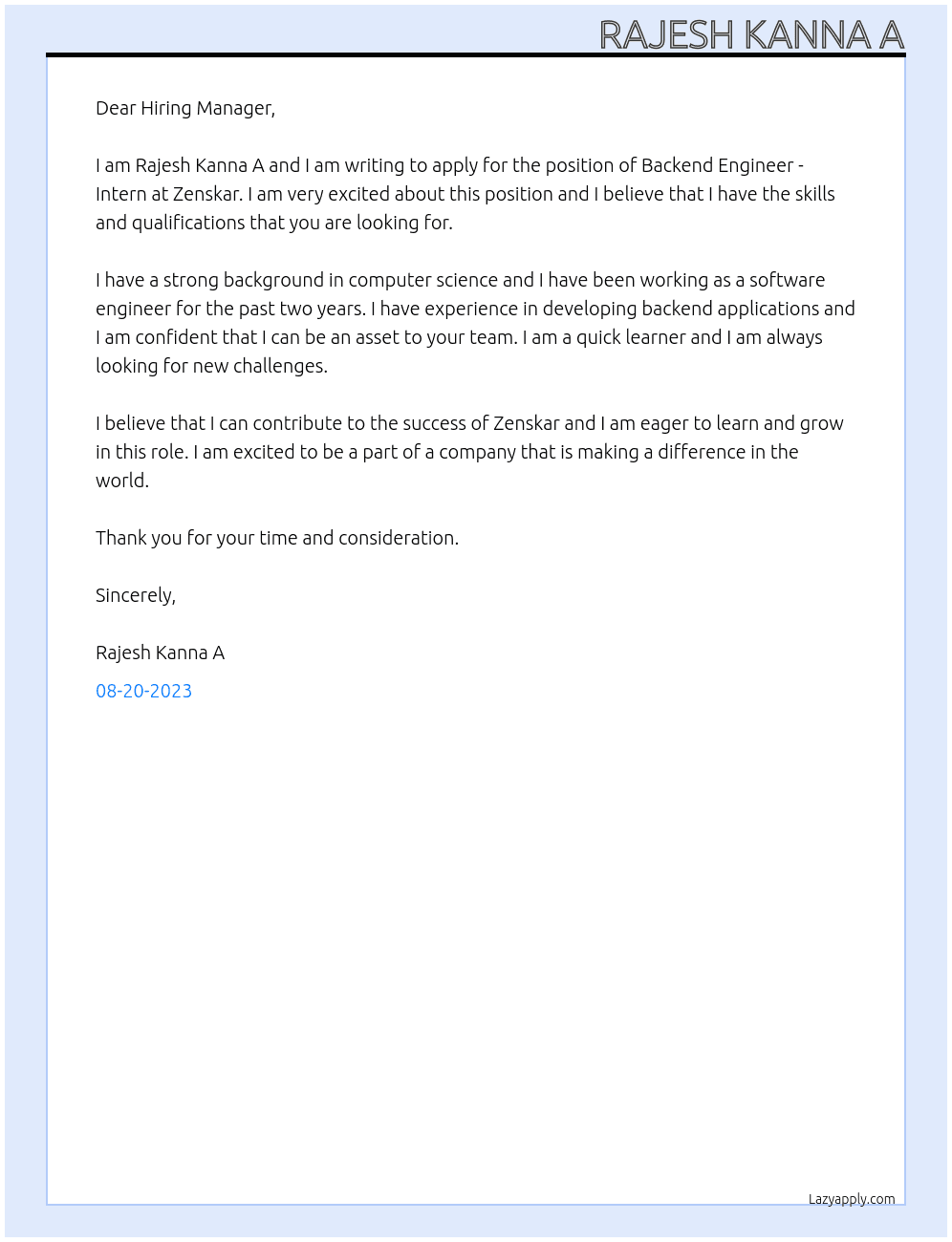 Backend Engineer - Intern At Zenskar Cover Letter