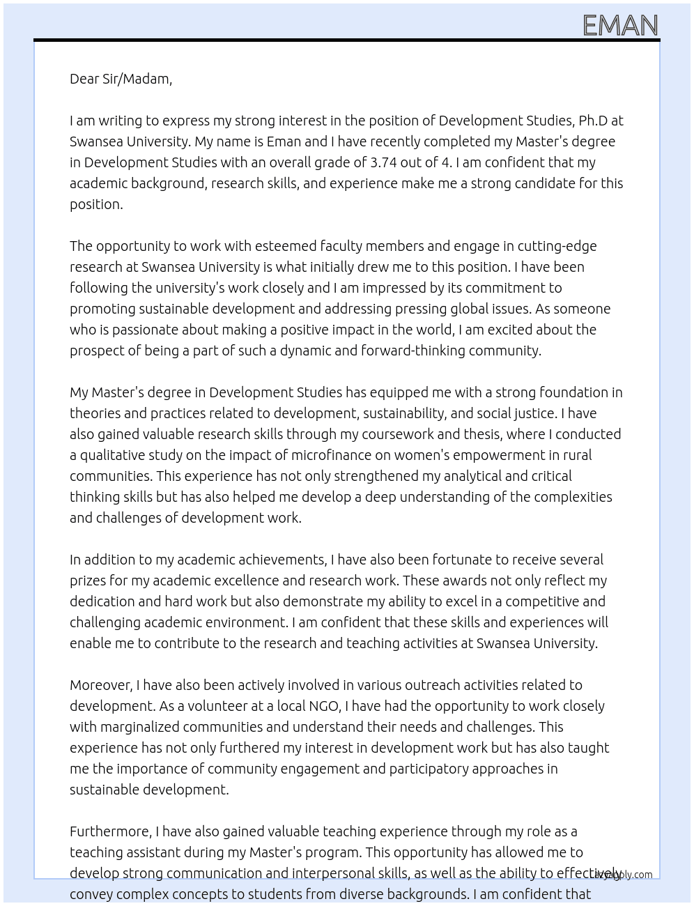  Development Studies, Ph.D At Swansea University Cover Letter