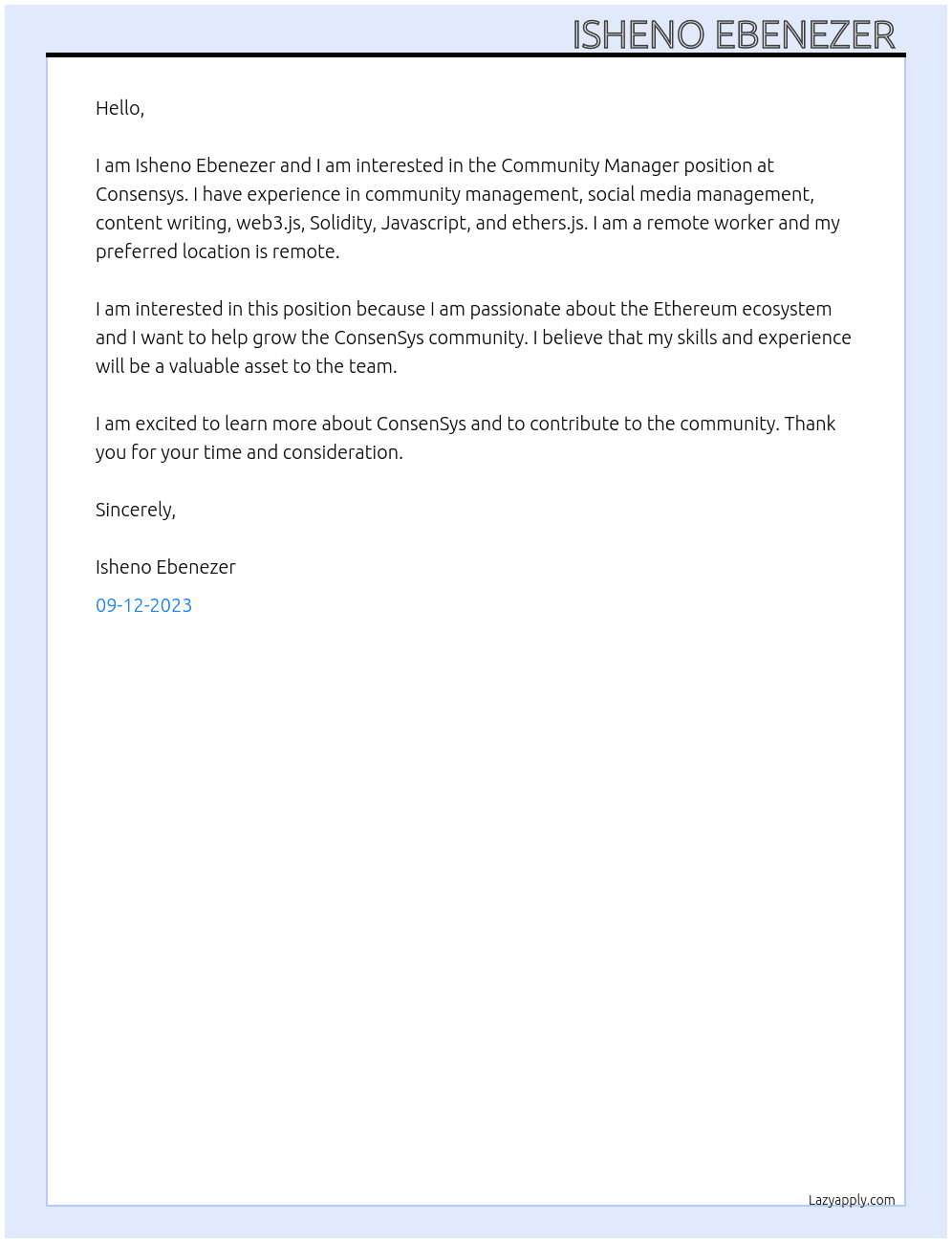 Community Manager  At Consensys Cover Letter