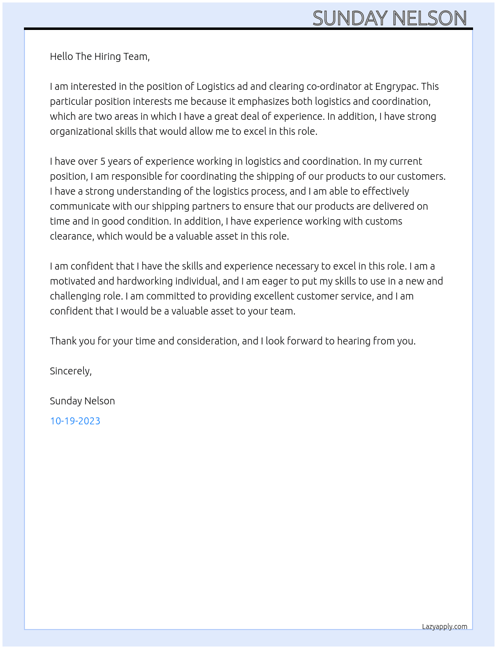 Logistics ad and clearing co-ordinator  At Engrypac Cover Letter