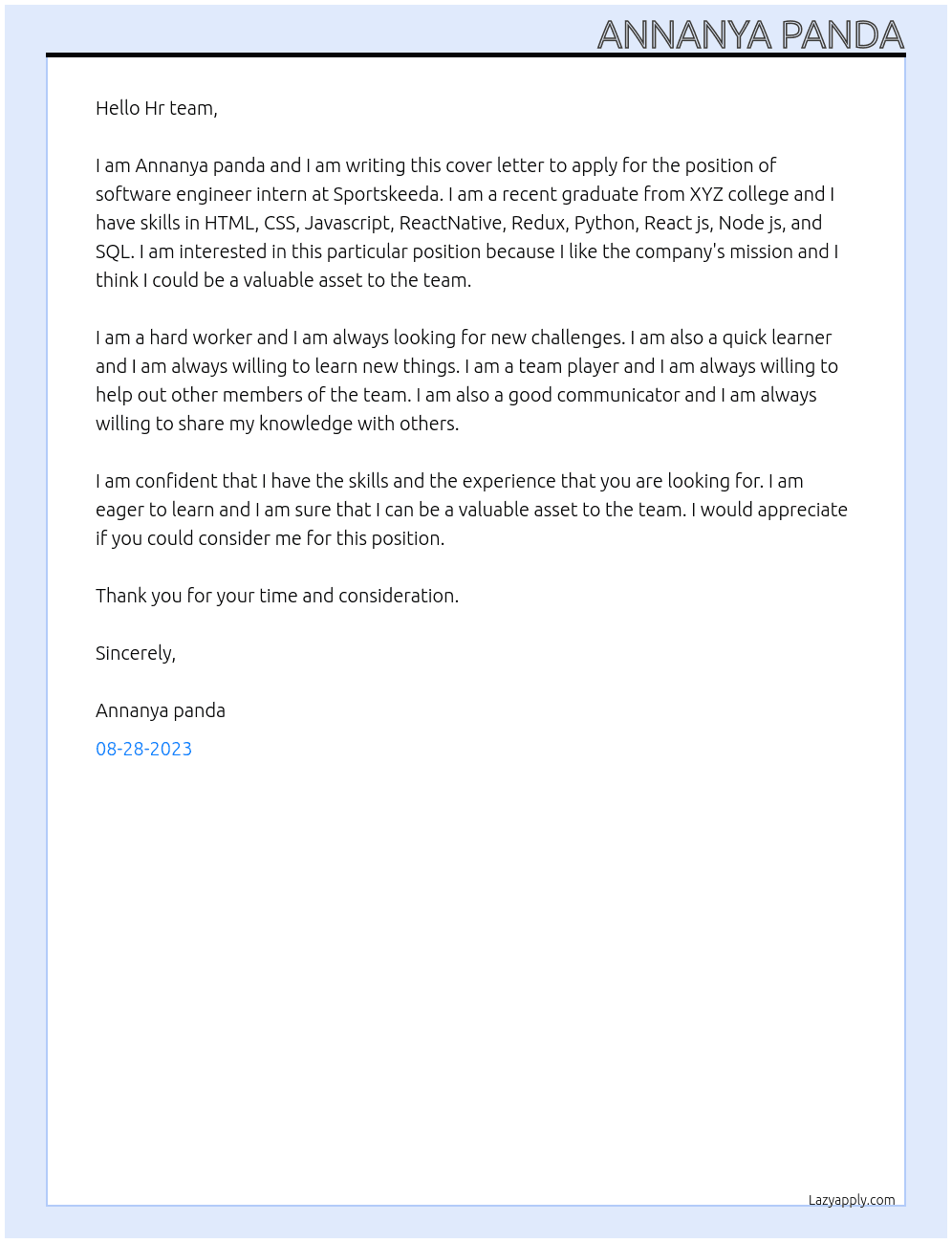 software engineer intern At Sportskeeda Cover Letter