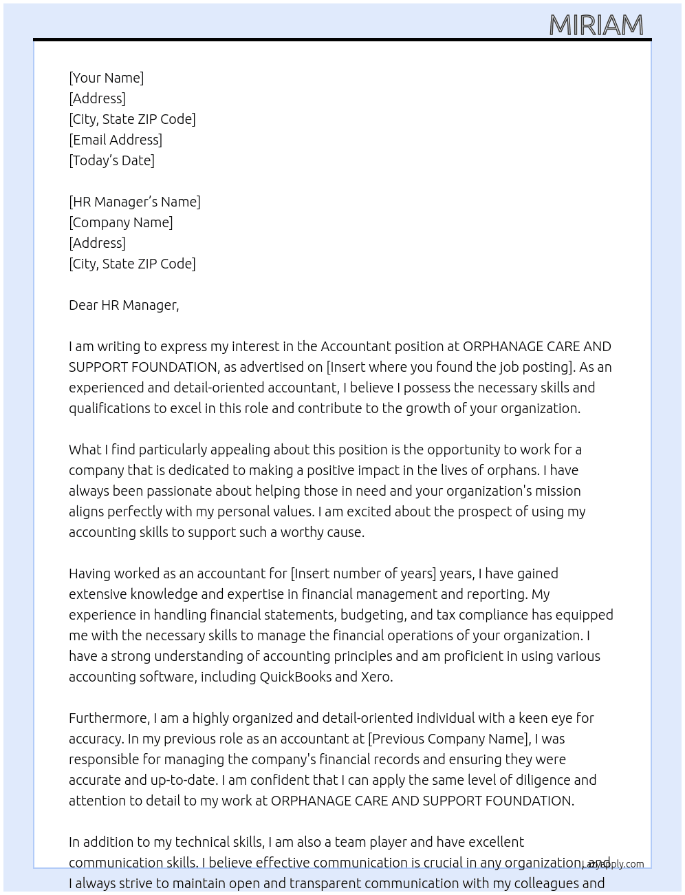 Accountant  At ORPHANAGE CARE AND SUPPORT FOUNDATION  Cover Letter