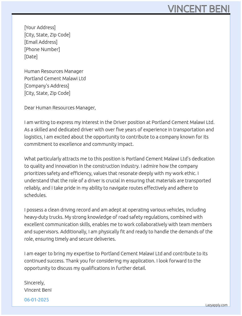 Driver At Portland Cement Malawi Ltd  Cover Letter