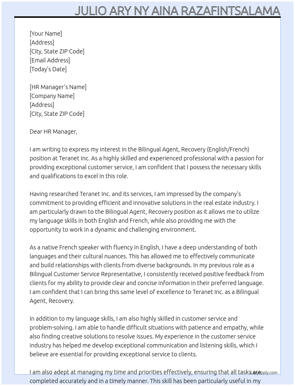 Bilingual Agent, Recovery (English/French) At Teranet Inc. Cover Letter