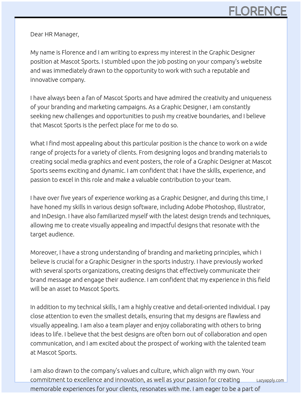 Graphic Designer At Mascot Sports Cover Letter