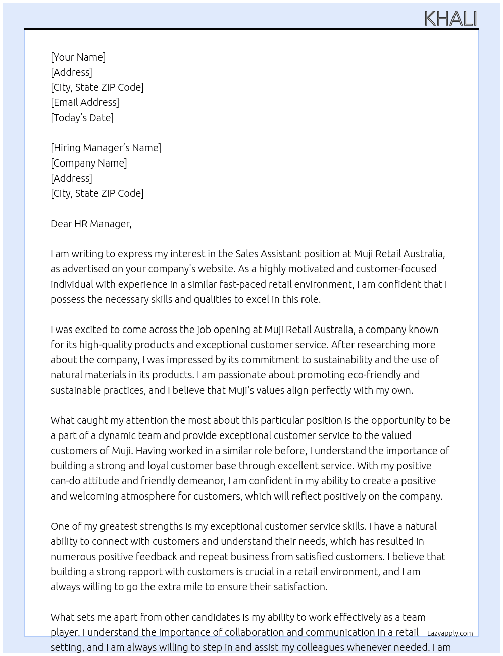 sales assistant  At Muji Retail Australia  Cover Letter