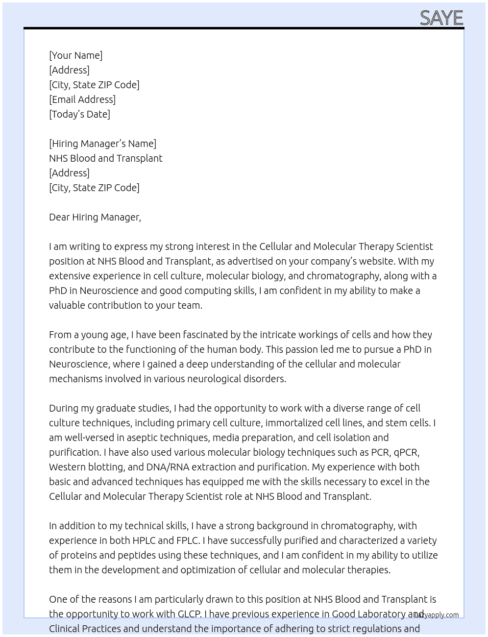 Cellular and molecular therapy scientist At NHS Blood and Transplant Cover Letter