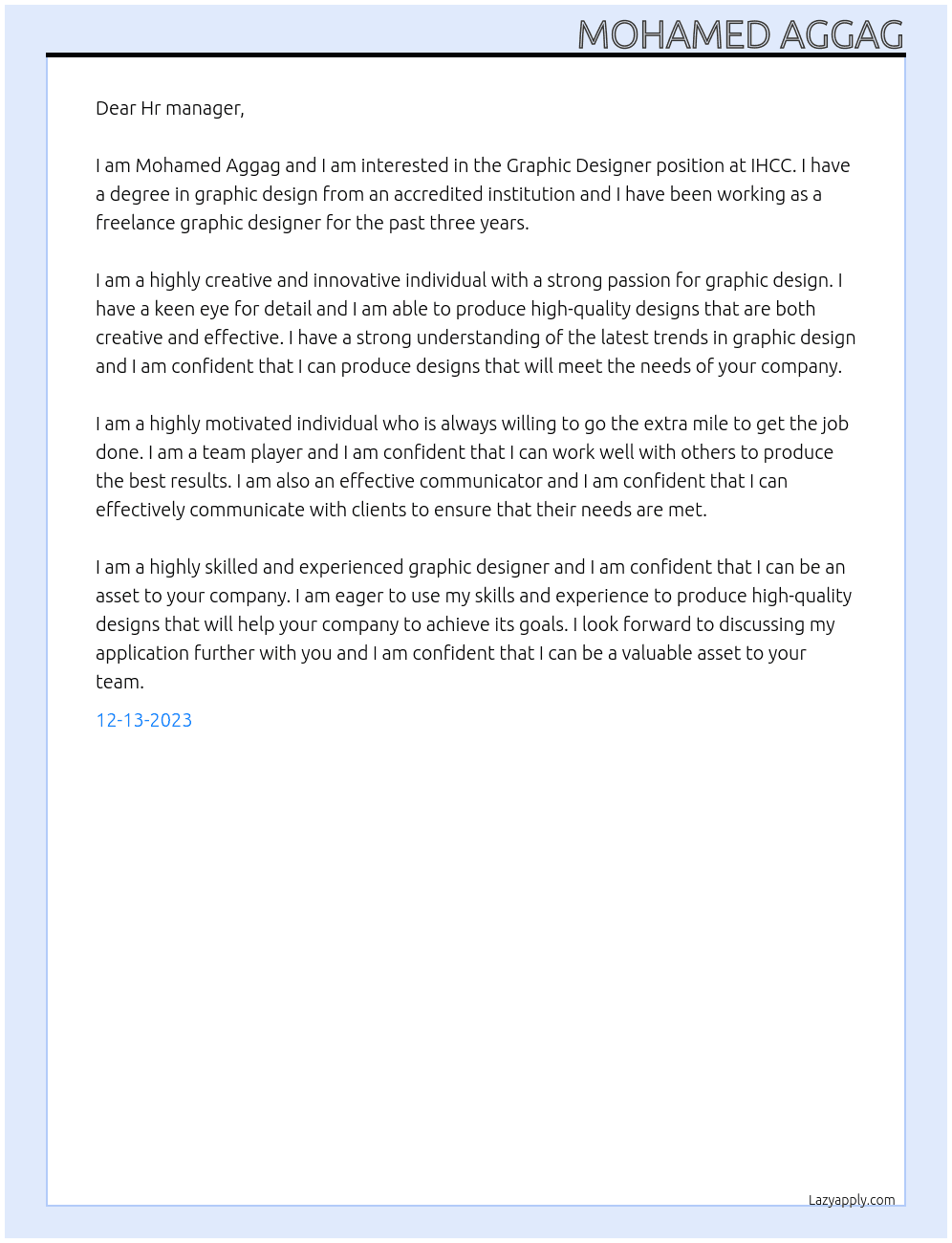 Graphic Designer At IHCC Cover Letter
