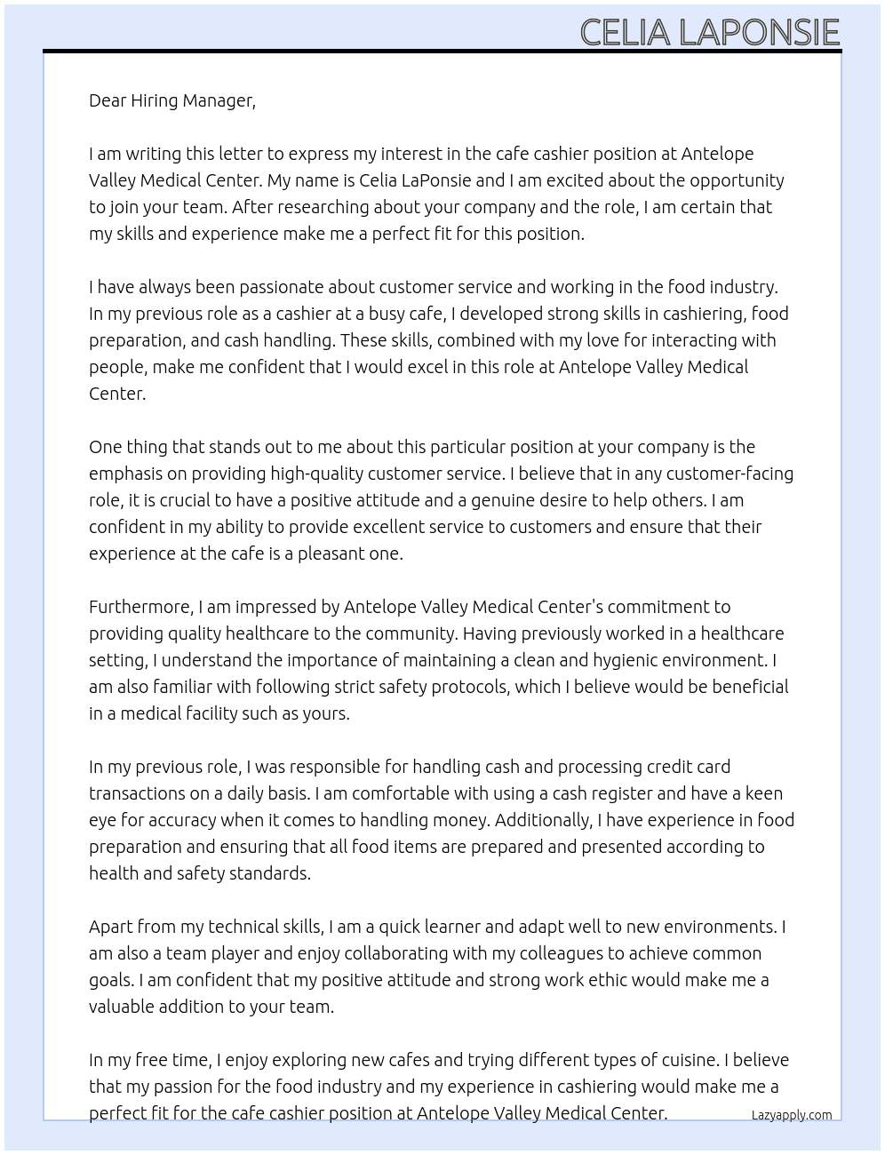 cafe cashier At Antelop Valley Medical Center Cover Letter