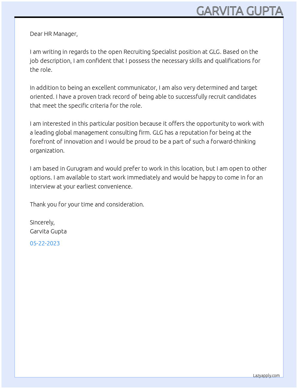 Recruiting Specialist At GLG Cover Letter