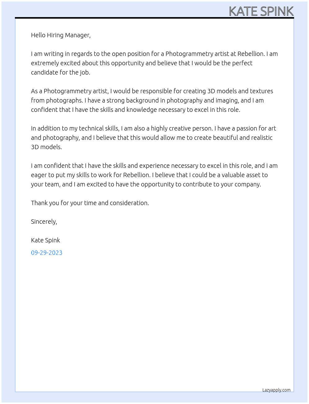 Photogrammetry artist At Rebellion Cover Letter