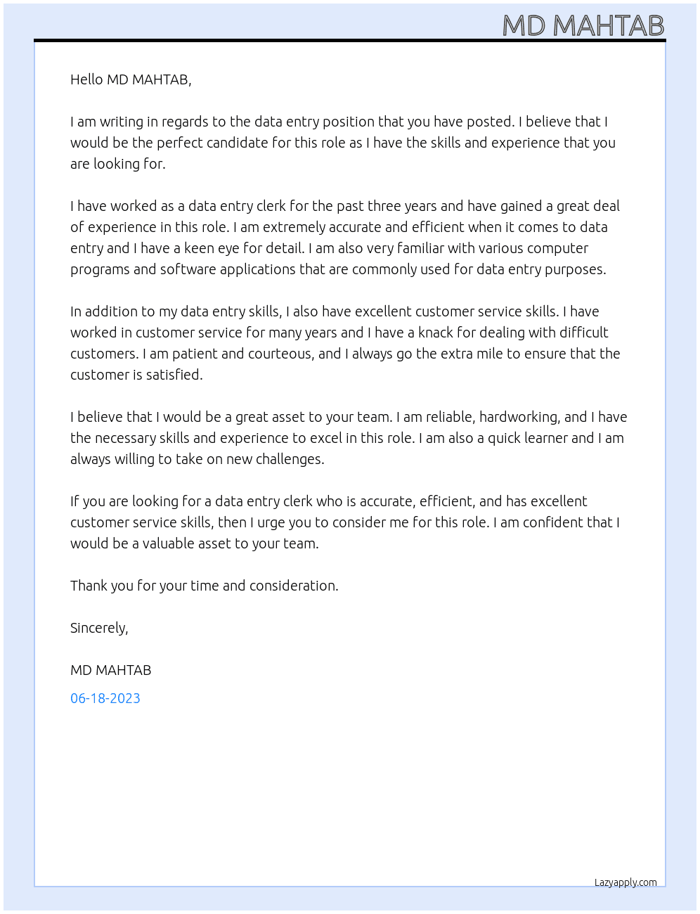 data entry At MD MAHTAB Cover Letter