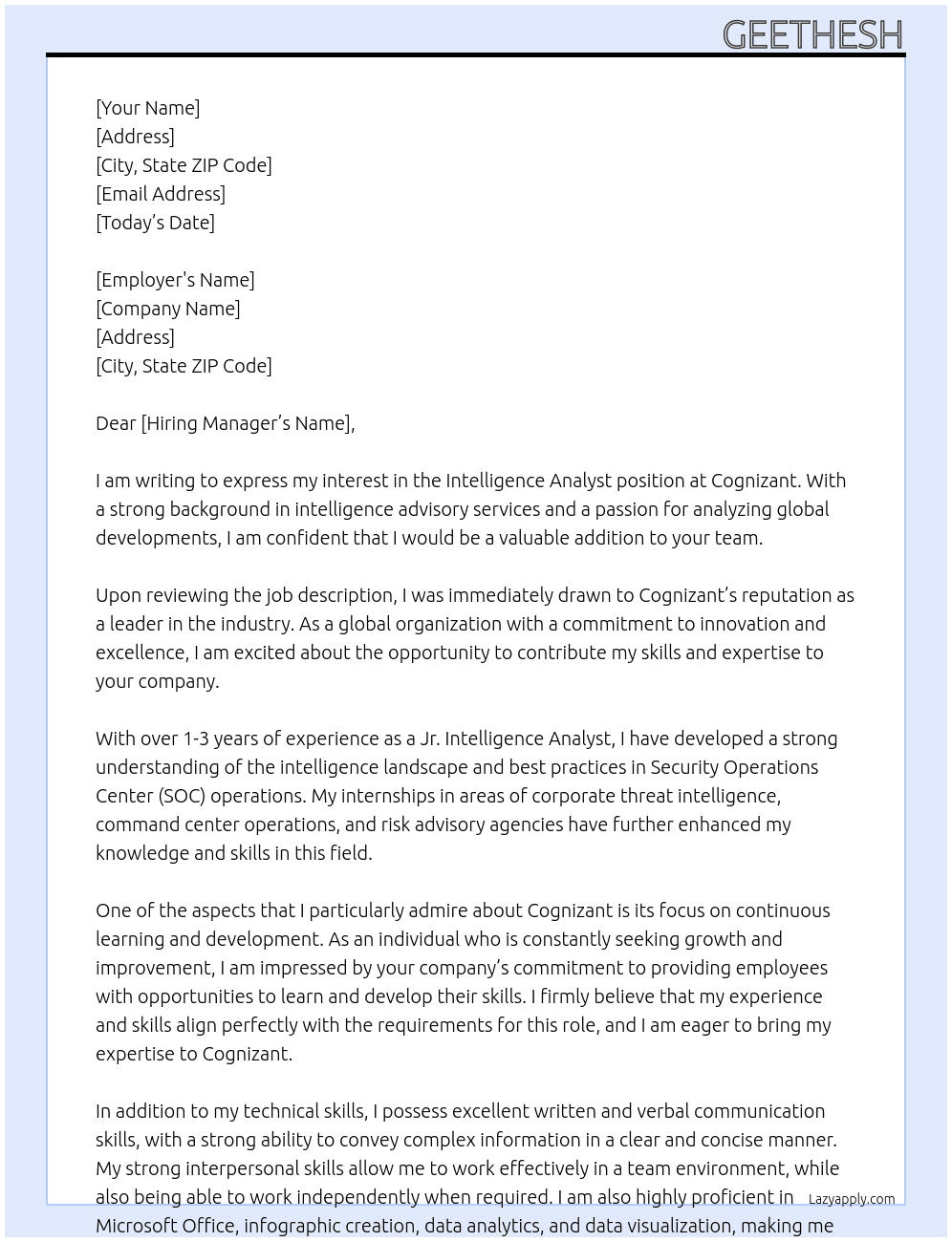 Intelligence analyst  At Cognizant Cover Letter