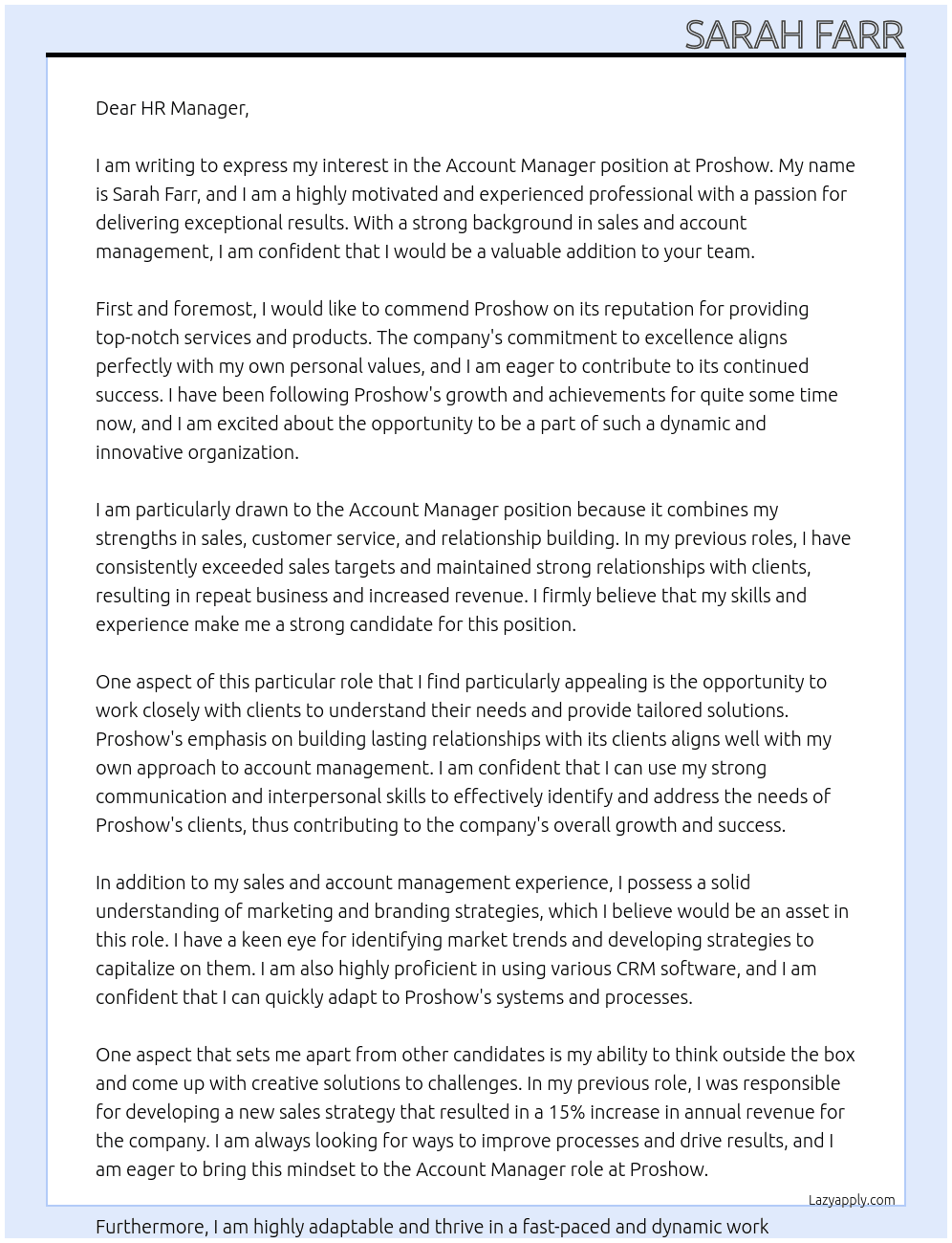 Account Manager At Proshow Cover Letter