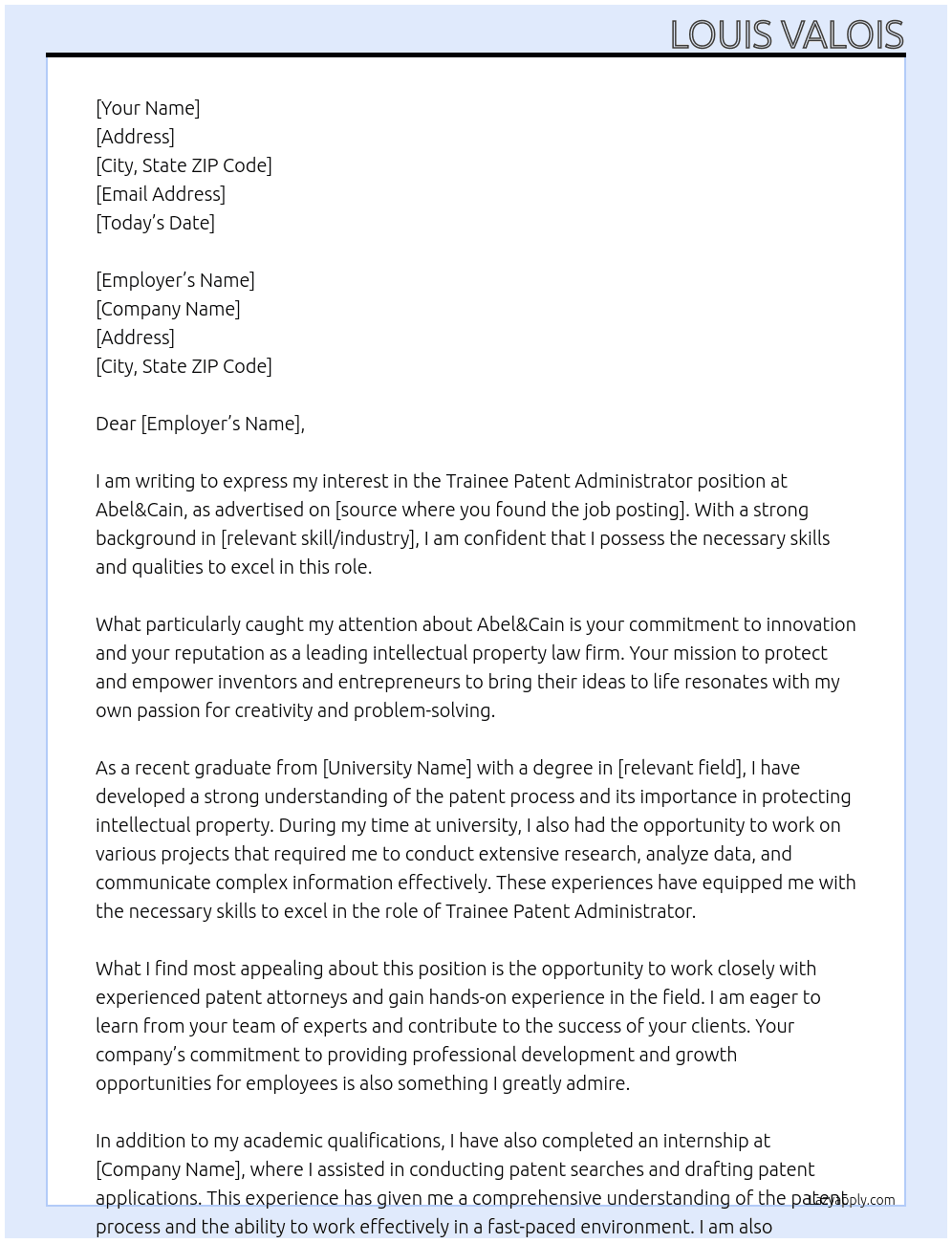 Trainee Patent Administrator At Abel&Cain Cover Letter
