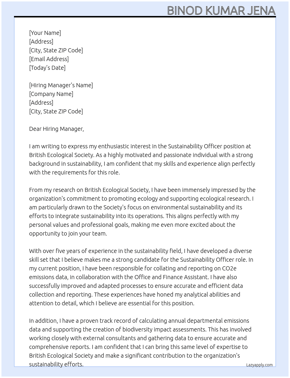 Sustainability officer At British Ecological Society Cover Letter