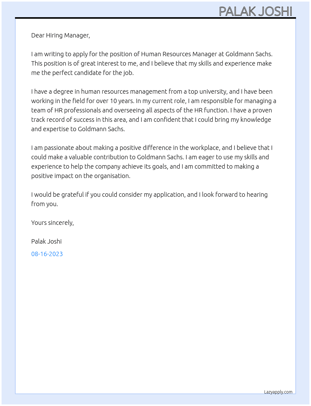 Human Resources Manager At Goldmann Sachs  Cover Letter