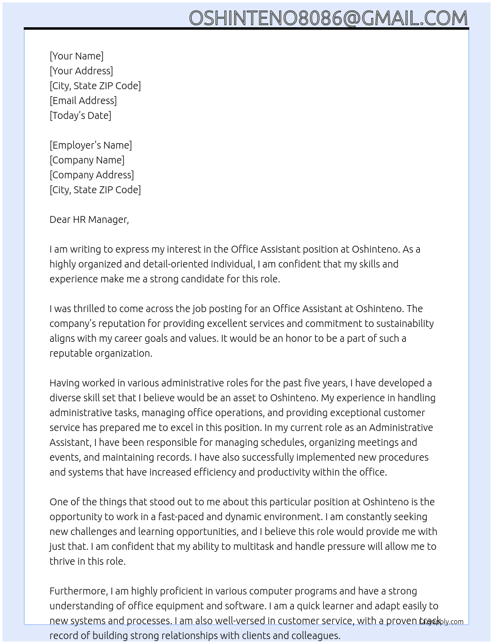 Office assistant  At Oshinteno Cover Letter