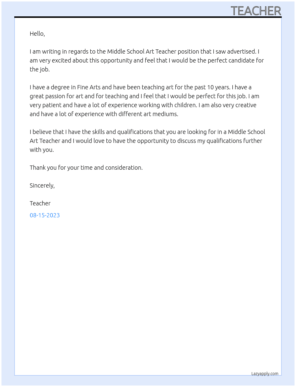Middle School Art Teacher At Middle School Cover Letter