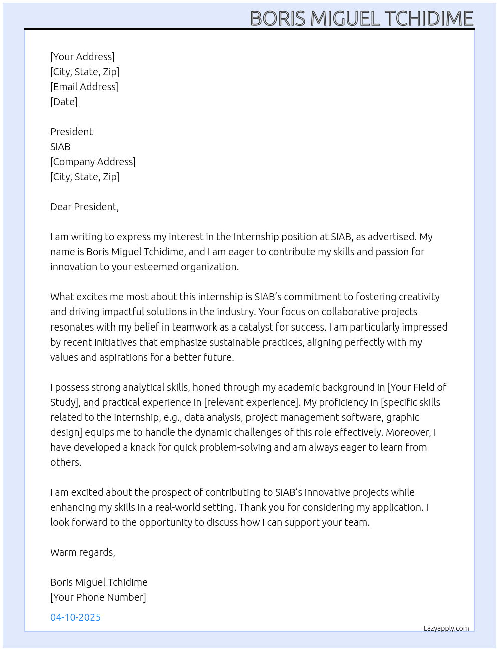 Intership At SIAB Cover Letter