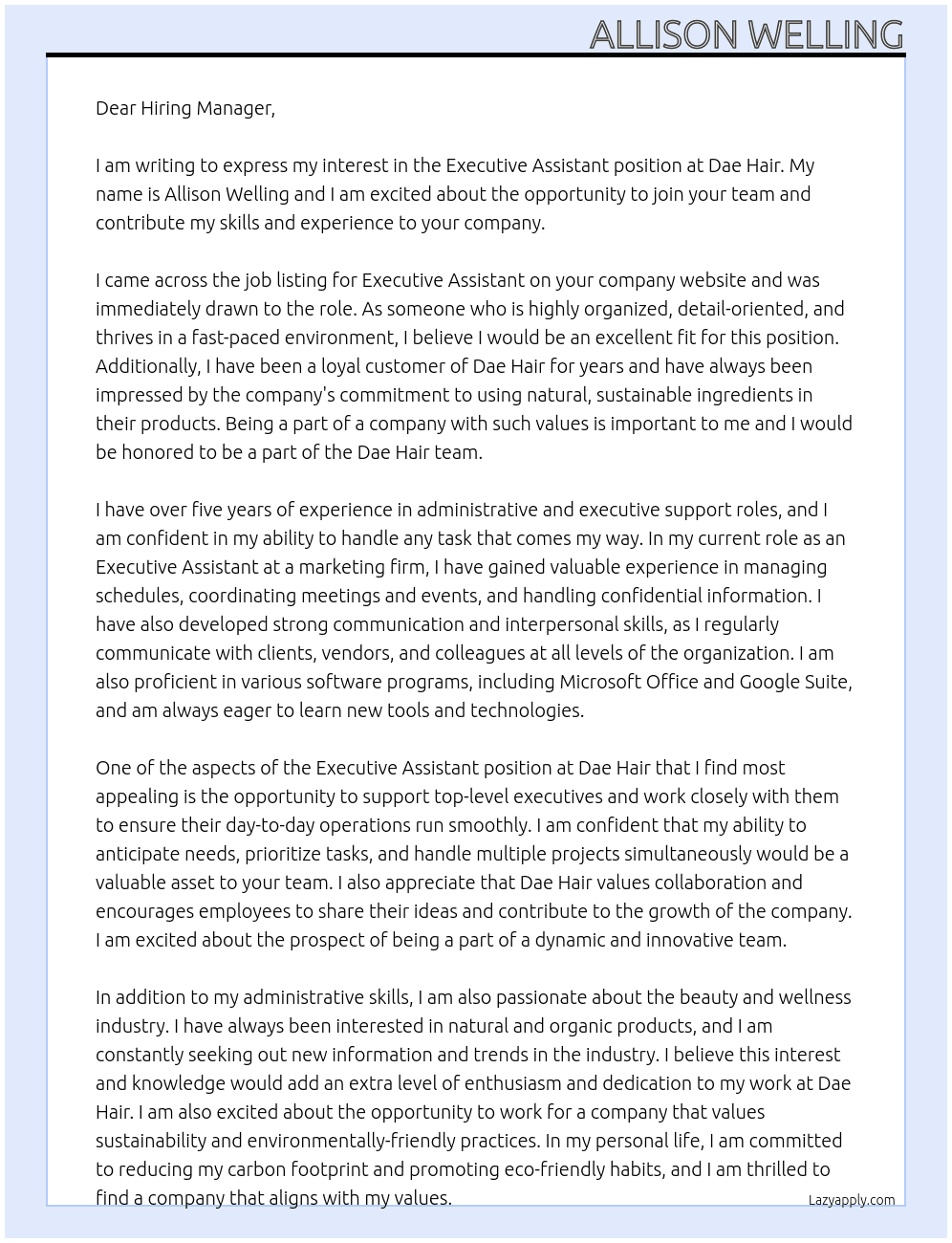 executive assistant At dae hair  Cover Letter