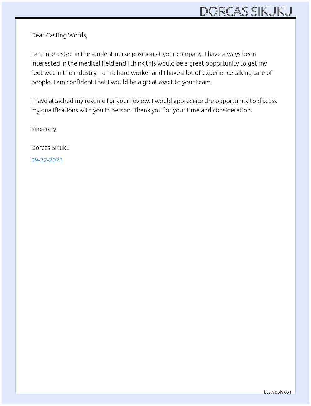 student nurse  At Casting Words  Cover Letter