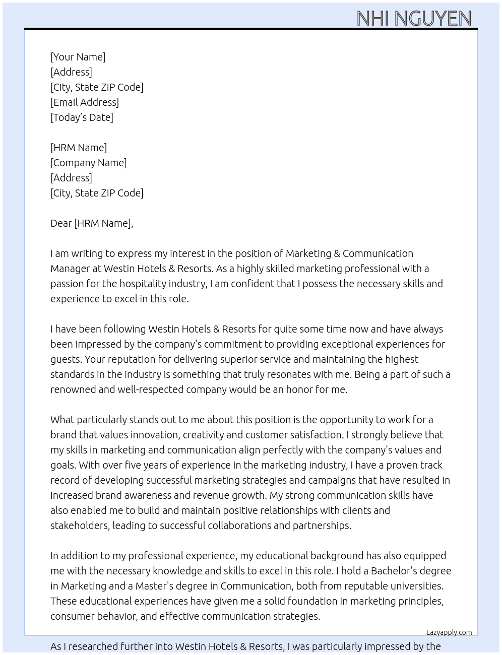 Marketing & Communication Manager  At Westin Hotels & Resorts Cover Letter