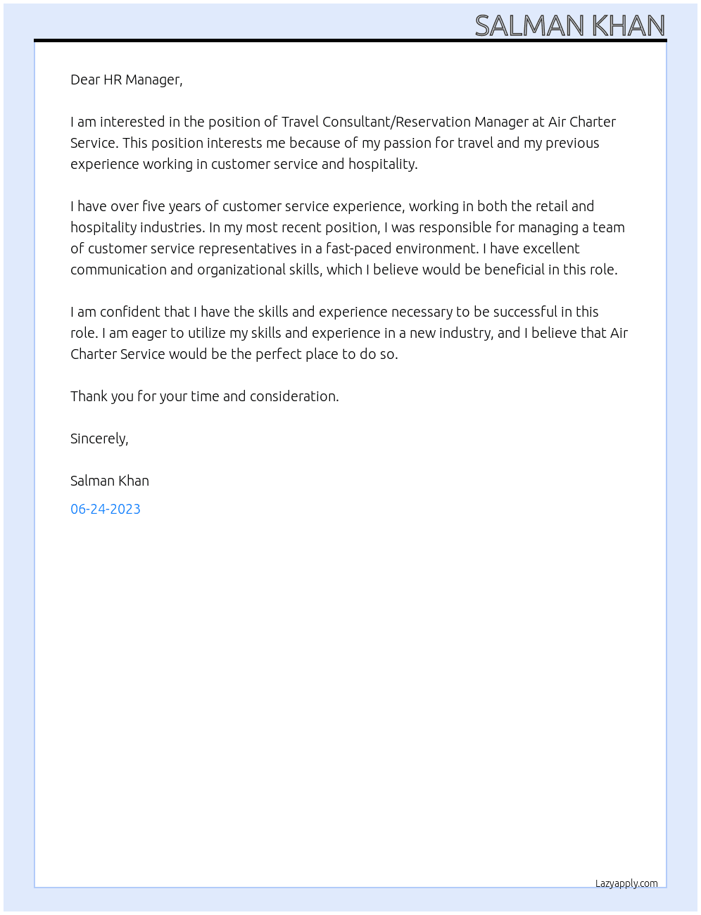 Travel Consultant, Reservation Manager At Air Charter Service Cover Letter