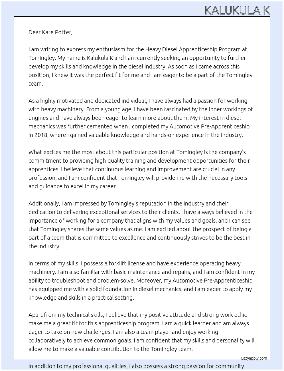 Heavy diesel apprenticeship program At Tomingley  Cover Letter