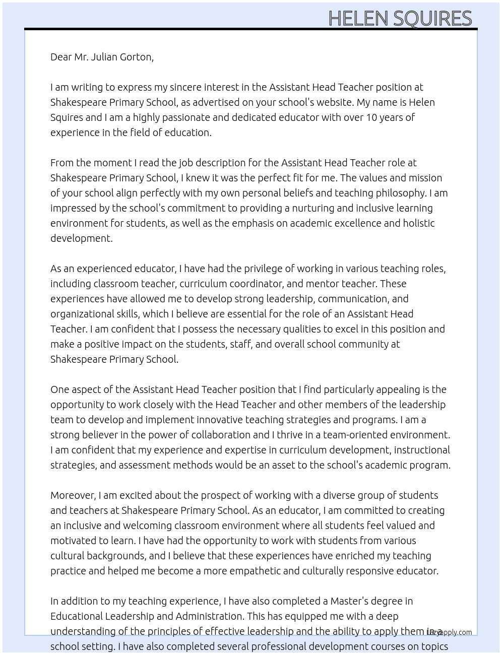 Assistant Head Teacher  At Shakespeare Primary school Cover Letter
