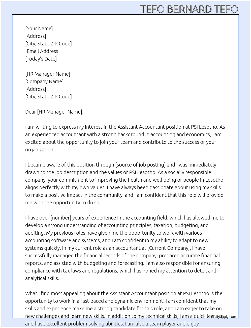 Assistant Accountant  At PSI Lesotho Cover Letter