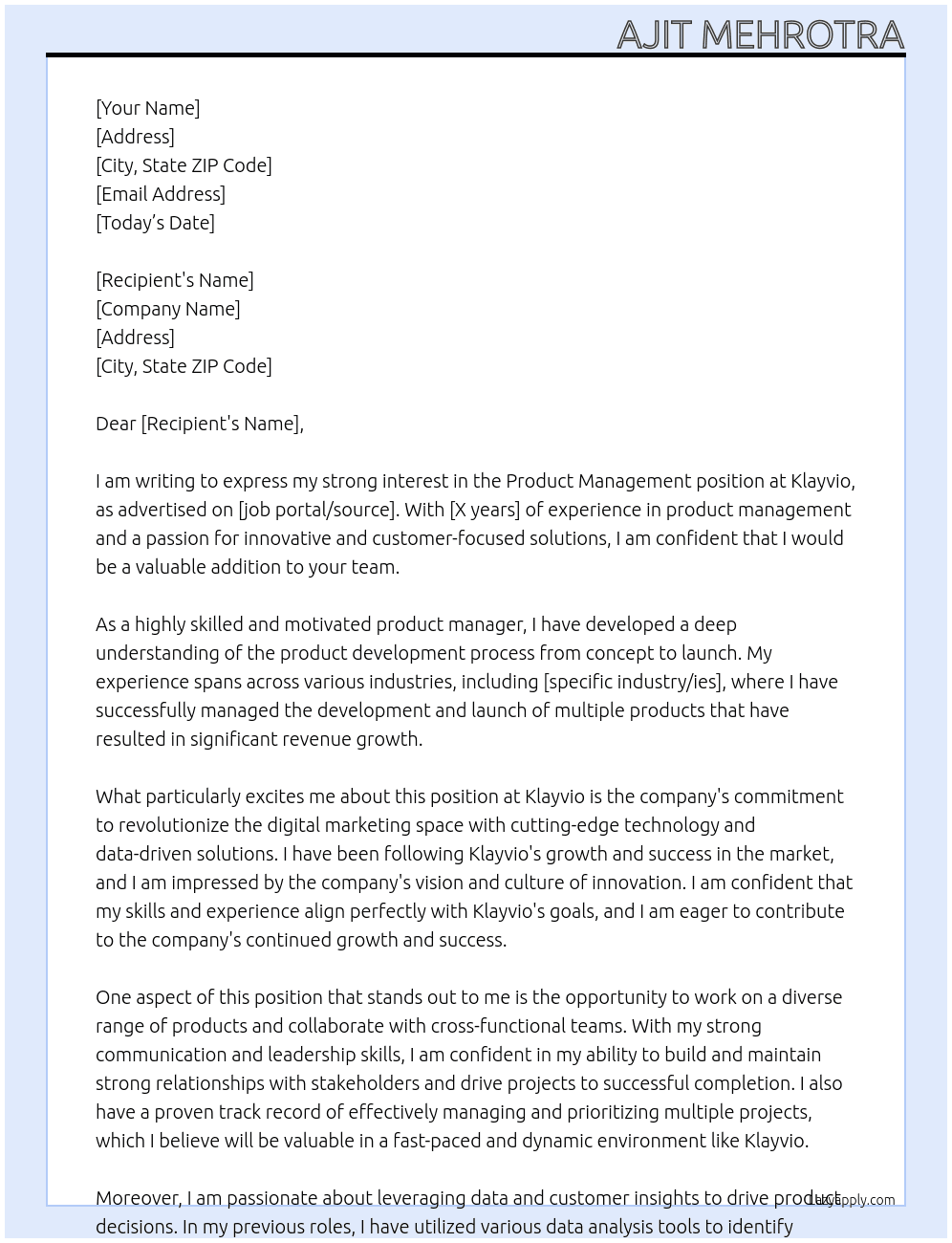 product management At Klayvio Cover Letter