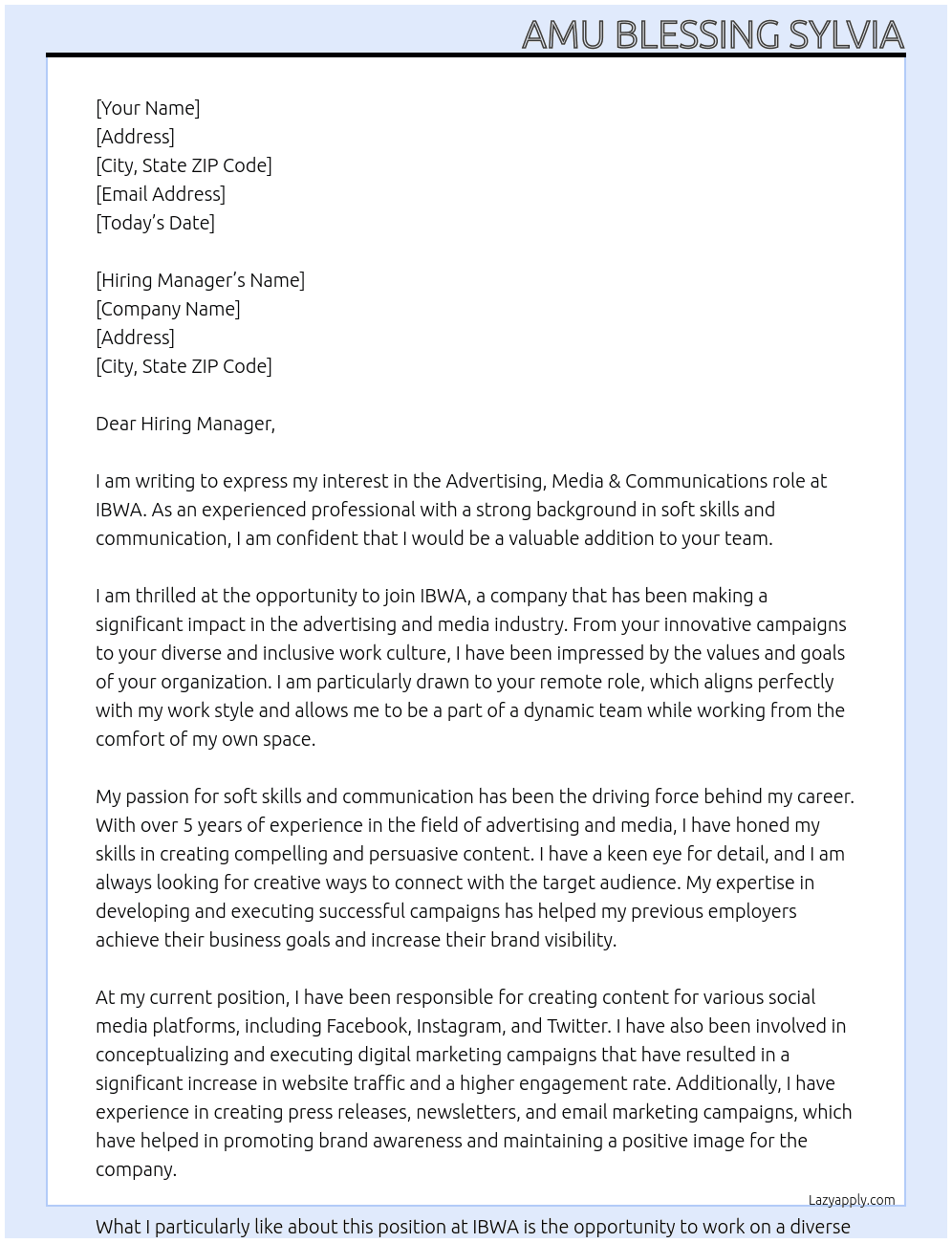 Advertising, Media & Communications  At IBWA Cover Letter