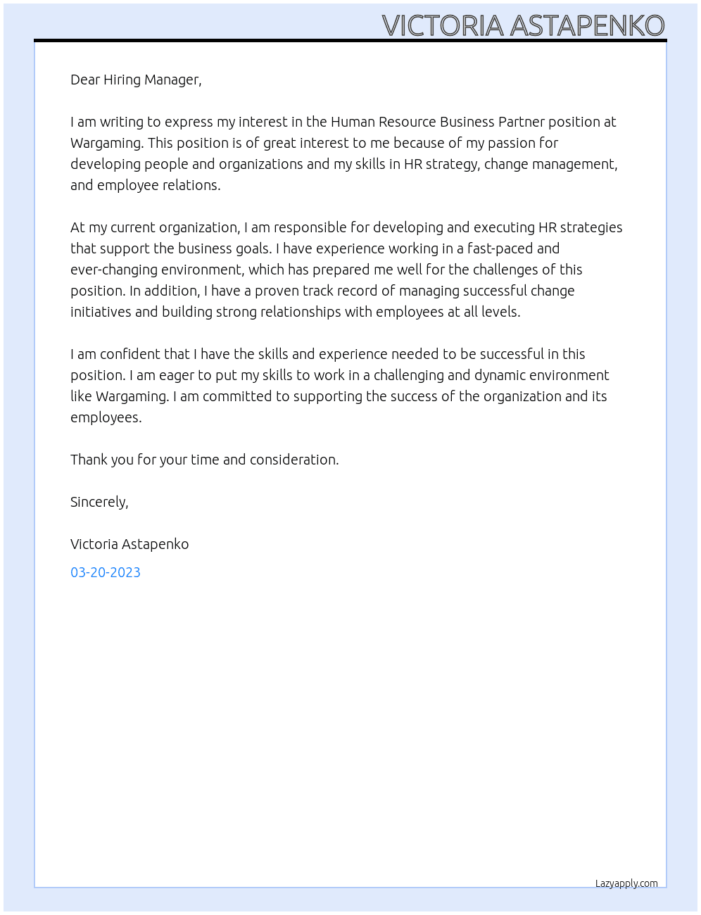 Human resourse business partner At Wargaming Cover Letter