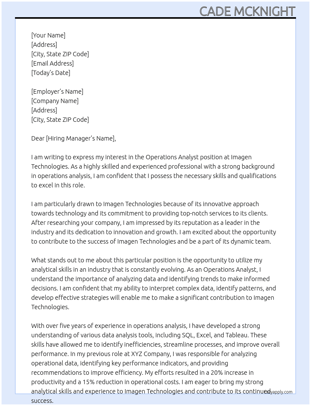 Operations Analyst At Imagen Technologies Cover Letter