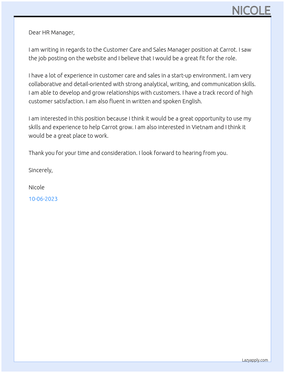 Customer Care and sales Manager, At Carrot  Cover Letter