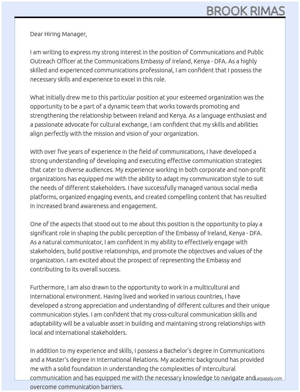 Cover letter for communications and public outreach officer - LazyApply