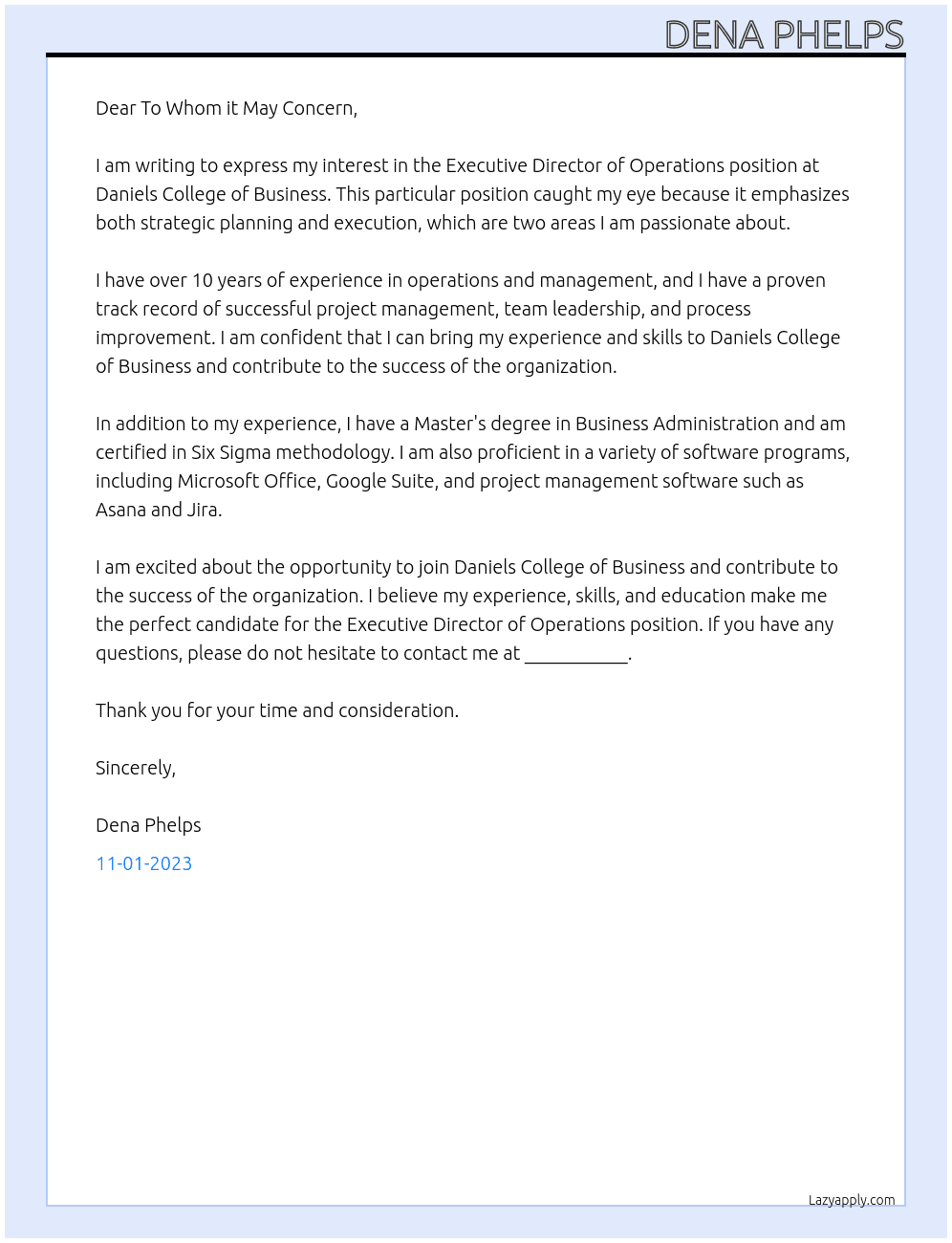 Executive Director of Operations; At Daniels College of Business Cover Letter