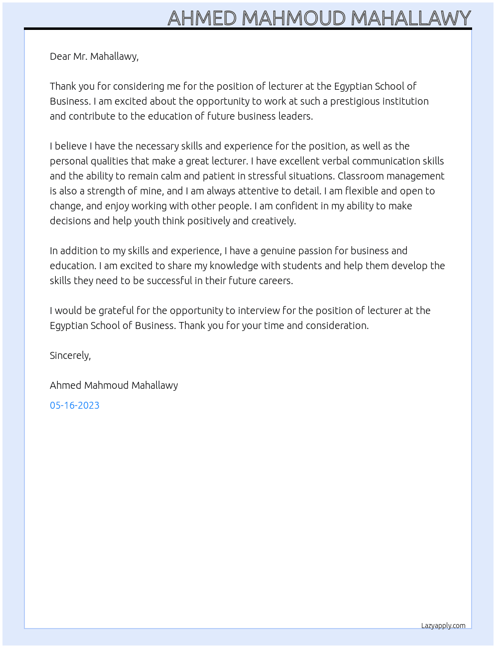 lecturer At Egyptian School Business Cover Letter